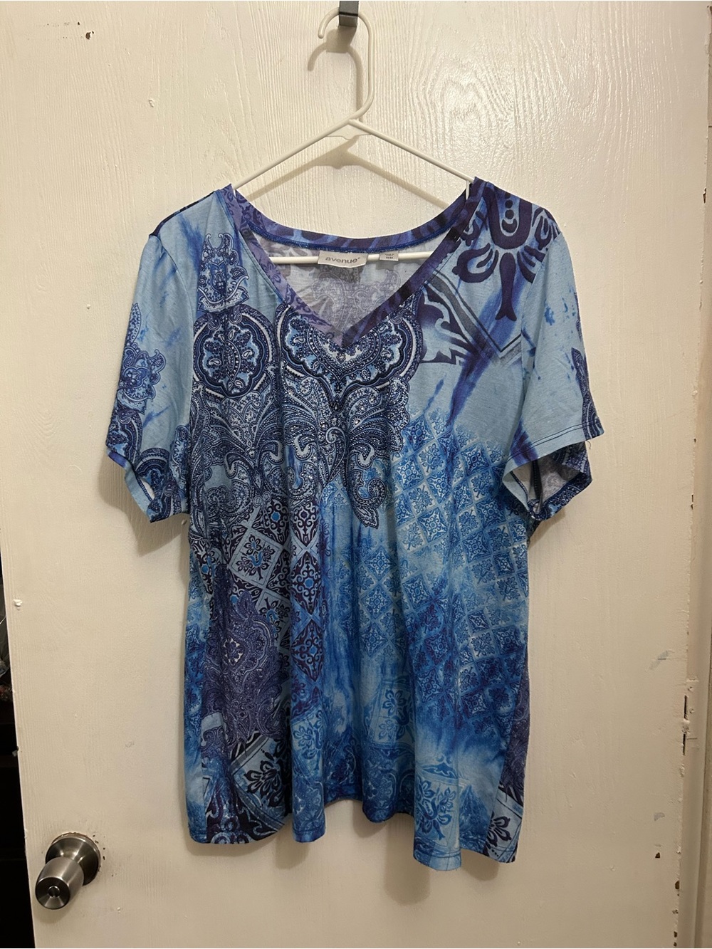 Avenue Blue Multi-Pattern V-Neck Short Sleeve Top